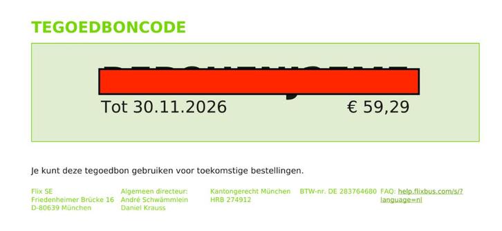 2x Flixbus ticket (t.w.v. €158,27), Tickets en Kaartjes, Kortingen en Cadeaubonnen, Twee personen, Overige typen, Kortingsbon