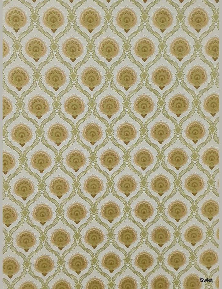 13951 retro behang ornament goudgroen 70s klassiek swiet, Huis en Inrichting, Stoffering | Behang, Roze, minder dan 10 m², Ophalen of Verzenden