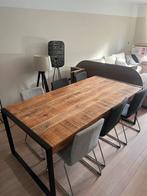 Industriële tafel + 6 eetkamerstoelen, Ophalen, Gebruikt, 100 tot 150 cm, Vijf personen of meer