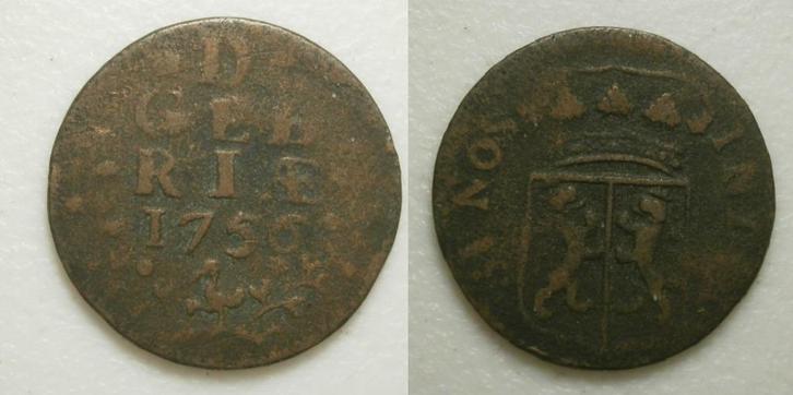 80] Gelderland Duit 1756, Postzegels en Munten, Munten | Nederland, Losse munt, 1 cent, Vóór koninkrijk, Ophalen of Verzenden
