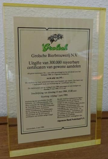 Grolsch - uitgifte van certificaten