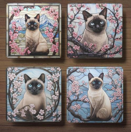 Siamees Glas in Lood onderzetters met houder, Huis en Inrichting, Woonaccessoires | Onderzetters, Nieuw, Glas of Kopje, Ophalen of Verzenden