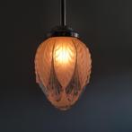 Art Deco glazen hanglamp | Hoge hanglamp met satijnglas, Huis en Inrichting, Lampen | Hanglampen, Zie omschrijving, Gebruikt, Verzenden