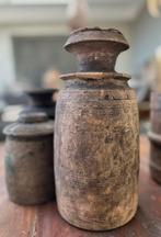 Oud houten kruikje India sober oosters sleets imperfect, Ophalen of Verzenden