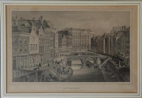 Ingelijst staalgravure Oude Gracht & Stadhuis Utrecht 35x27, Antiek en Kunst, Kunst | Etsen en Gravures, Ophalen of Verzenden