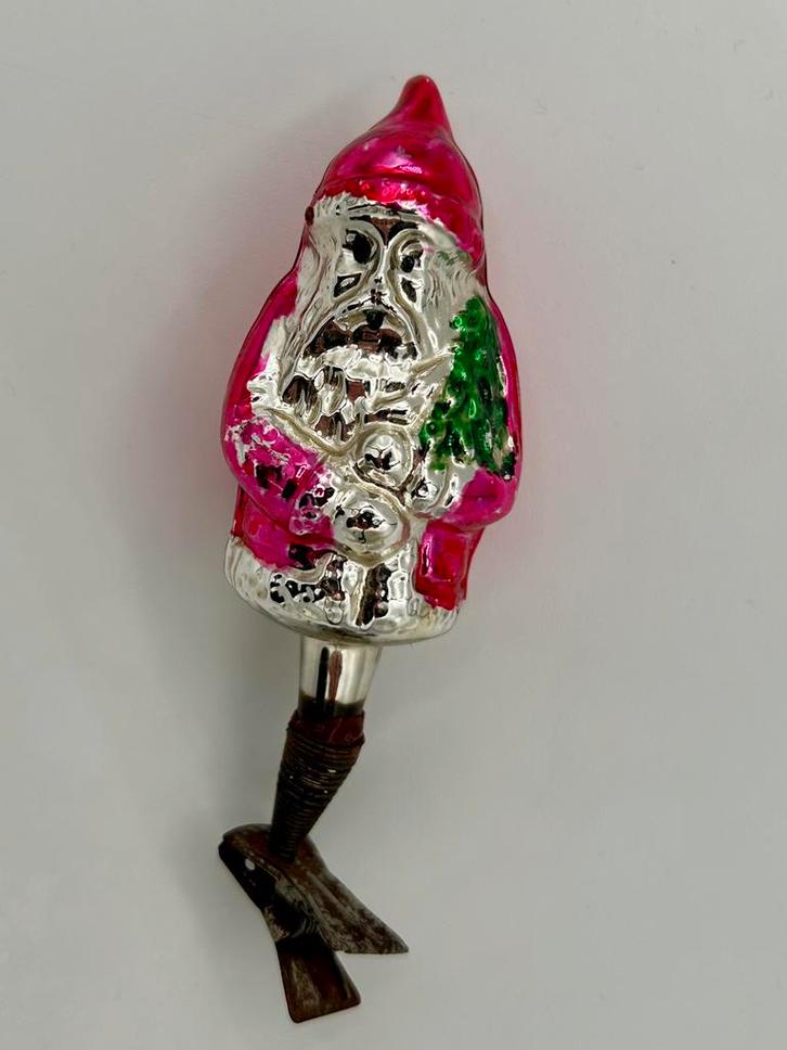 Oude kerstbal rood roze kerstman op knijper, Diversen, Kerst, Gebruikt, Ophalen of Verzenden