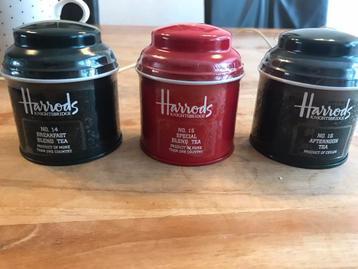Drie nieuwe originele, gesealde, busjes thee van Harrods  beschikbaar voor biedingen