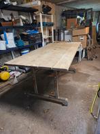 Oude industriële schoolwerkbank met steigerplanken blad., Ophalen, Gebruikt, 170 cm of meer