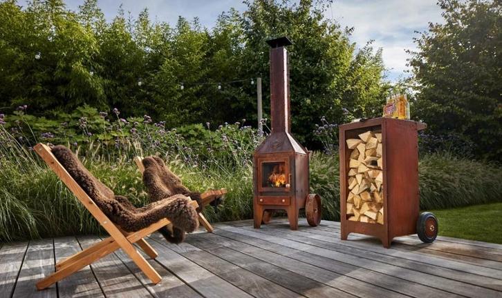 RENY BIJUGA tuinhaard corten verrijdbaar en houtopslag KER, Tuin en Terras, Tuinhaarden, Nieuw, Ophalen of Verzenden