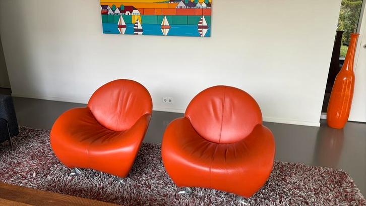 Twee Leolux Papageno fauteuils leder, Huis en Inrichting, Fauteuils, Gebruikt, Leer, 75 tot 100 cm, 75 tot 100 cm, Ophalen