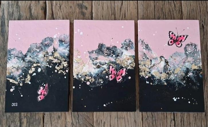 3-luik Jessica Immen - Vlinders & Goldflakes, Antiek en Kunst, Kunst | Schilderijen | Klassiek, Ophalen of Verzenden