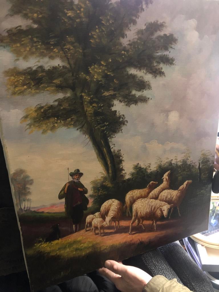 Schilderij met herder en schapen, Antiek en Kunst, Kunst | Schilderijen | Klassiek, Ophalen of Verzenden