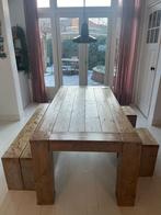 Steigerhouten eettafel 200 x 100cm (incl bank en 2 krukjes), Ophalen, Gebruikt, 200 cm of meer, 50 tot 100 cm