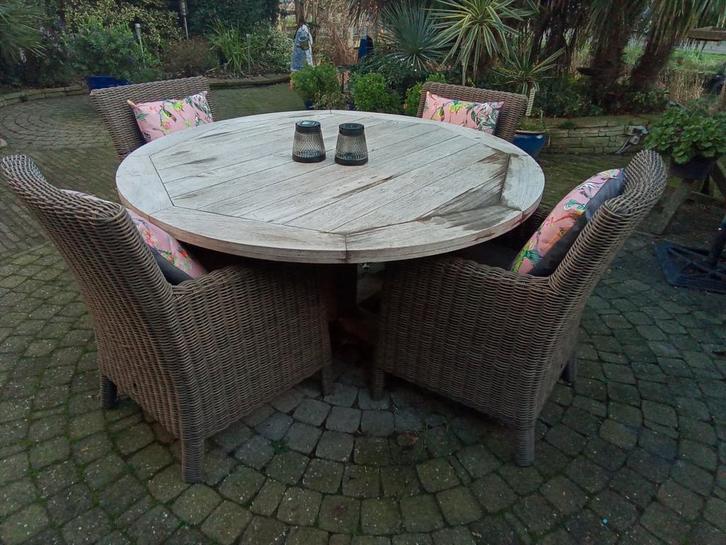 Mooie Life tuinset met ronde teakhouten tafel en 4 stoelen, Tuin en Terras, Tuinsets en Loungesets, Gebruikt, Tuinset, Rotan, 4 zitplaatsen