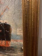 Havengezicht met Schip - Olieverf op Hardboard, Antiek en Kunst, Ophalen of Verzenden