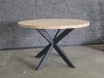 Massief eiken eettafel rond 120 cm | Stalen matrixpoot zwart, Ophalen, Zo goed als nieuw, Vijf personen of meer, 100 tot 150 cm