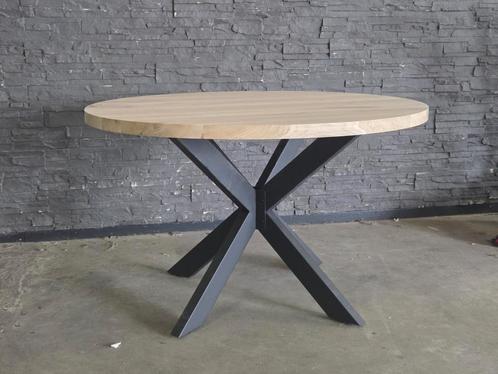 Massief eiken eettafel rond 120 cm | Stalen matrixpoot zwart, Huis en Inrichting, Tafels | Eettafels, Zo goed als nieuw, 100 tot 150 cm