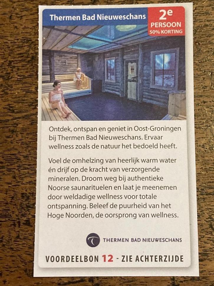 Kortingsbon sauna Thermen Bad Nieuweschans, Tickets en Kaartjes, Kortingen en Cadeaubonnen, Drie personen of meer, Spa of Sauna