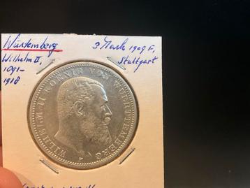 Duitse 3 Mark 1909 Württemberg beschikbaar voor biedingen
