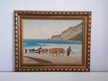 Olie op doek - Zeezicht met ossen en vissers beschikbaar voor biedingen