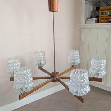 Vintage hanglamp lamp luster luchter. Teakhout Metaal glas   beschikbaar voor biedingen
