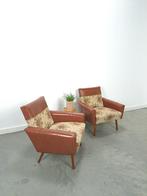 Fauteuils met bloemen bekleding en kunstleder, Huis en Inrichting, Fauteuils, Hout, Gebruikt, Minder dan 75 cm, Vintage