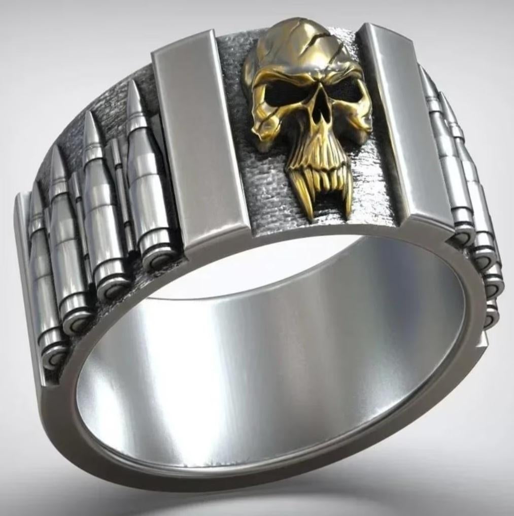 Zilveren skull ring met kogelriem - 925 zilver, Sieraden, Tassen en Uiterlijk, Ringen, Nieuw, Dame of Heer, Zilver, Zilver, Ophalen of Verzenden