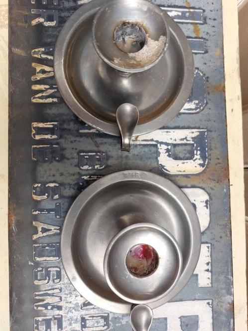 Set tinnen kandelaars gemerkt *molenaarsbrocante*, Antiek en Kunst, Antiek | Tin, Ophalen of Verzenden