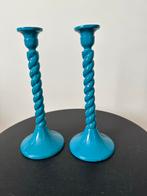 Blauwe Gedraaide Kandelaars - Set van 2, Gebruikt, Blauw, Ophalen of Verzenden, Metaal
