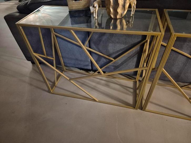 2 Gouden Glas Sidetables - Zeer Goede Staat!, Huis en Inrichting, Tafels | Bijzettafels, Zo goed als nieuw, Rechthoekig, 60 cm of meer