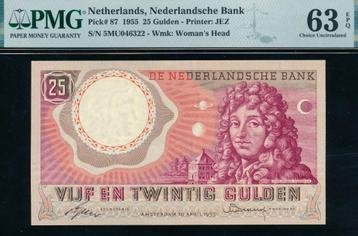 UNC PMG 63 EPQ: 25 Gulden 1955 ‘Huygens' - 5MU046322 beschikbaar voor biedingen
