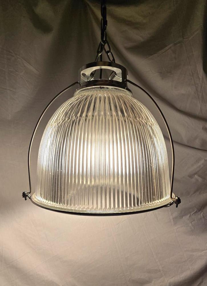 Industriële Holophane hanglamp (5x), Huis en Inrichting, Lampen | Hanglampen, Zo goed als nieuw, Minder dan 50 cm, Glas, Ophalen of Verzenden