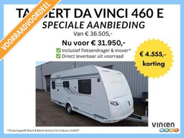 Tabbert Da Vinci 460 E INCL MOVER EN FIETSDRAGER, Caravans en Kamperen, Caravans, tot en met 3, 1250 - 1500 kg, Standaardzit, Tabbert