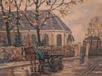Schilderij Paard en Kar bij Kerk, Antiek en Kunst, Ophalen of Verzenden