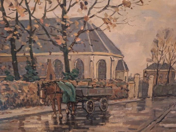 Schilderij Paard en Kar bij Kerk, Antiek en Kunst, Kunst | Schilderijen | Klassiek, Ophalen of Verzenden