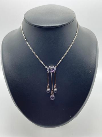 Z475 Prachtige zilberen ketting met hanger lila stenen beschikbaar voor biedingen
