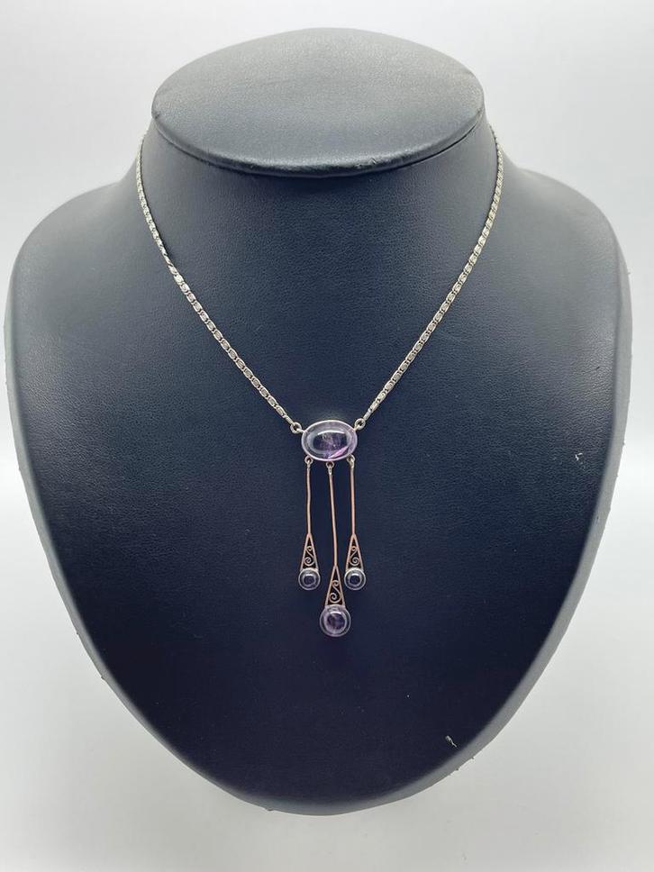 Z475 Prachtige zilberen ketting met hanger lila stenen, Sieraden, Tassen en Uiterlijk, Kettingen, Zilver, Zilver, Met hanger, Ophalen of Verzenden