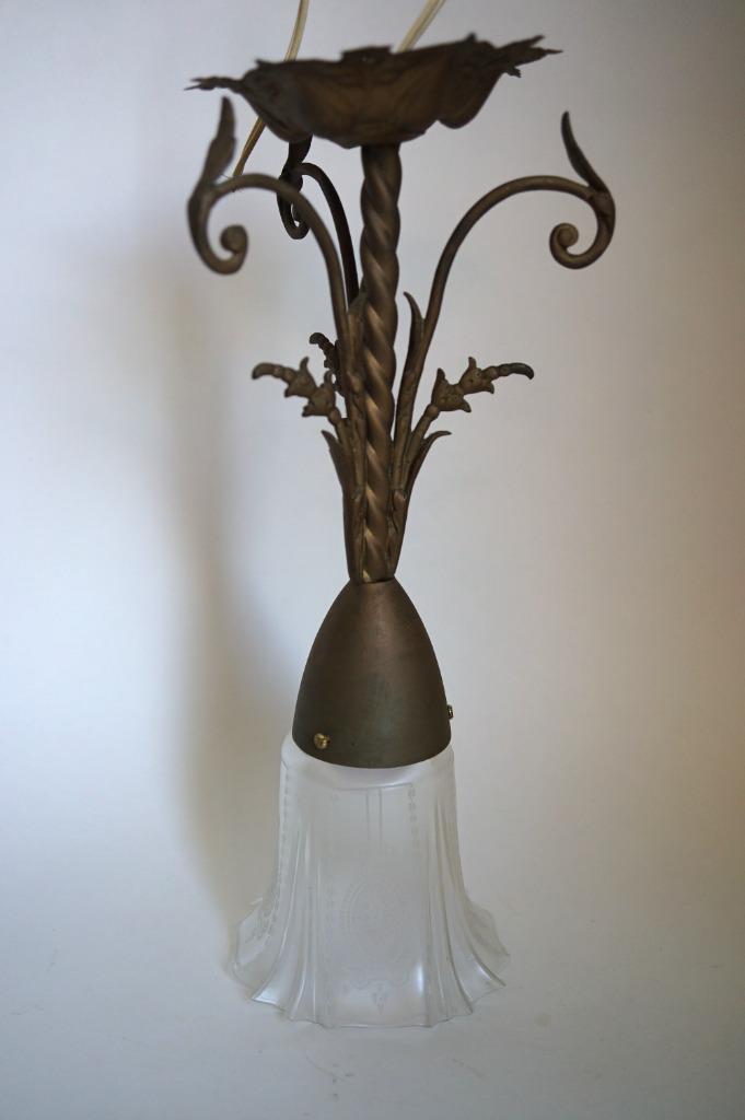 antiek art nouveau art deco plafondlamp geëtst glas metaal, Antiek en Kunst, Antiek | Lampen, Ophalen of Verzenden