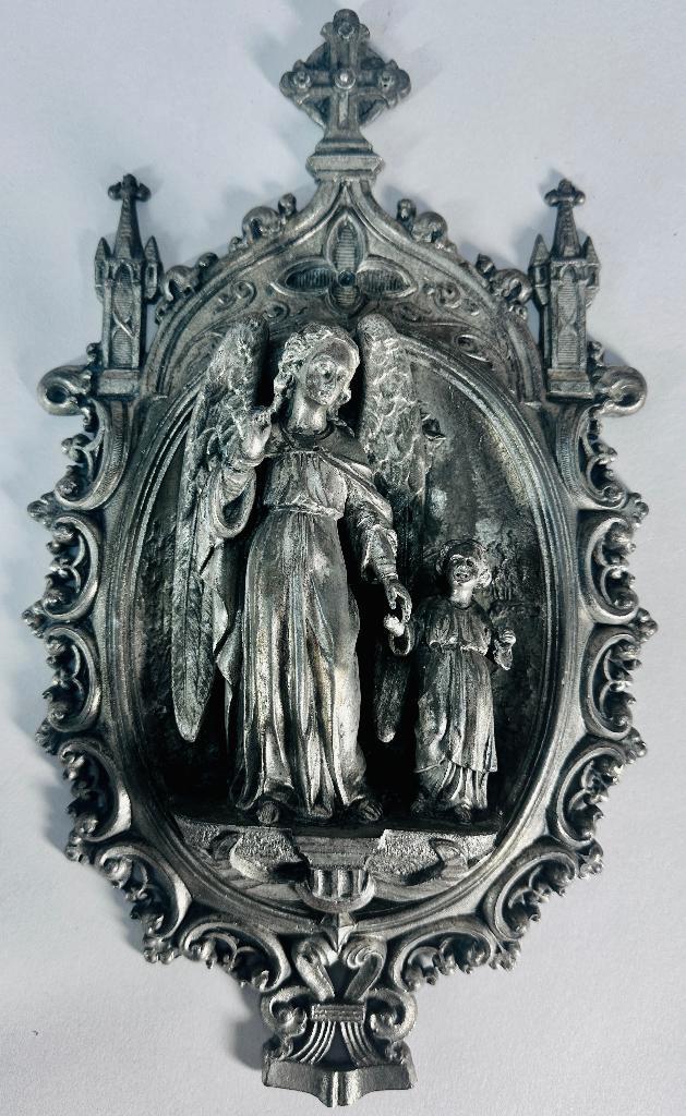 Antieke plaquette, beschermengel met kind, neogotisch ca1900, Antiek en Kunst, Antiek | Religie, Ophalen of Verzenden