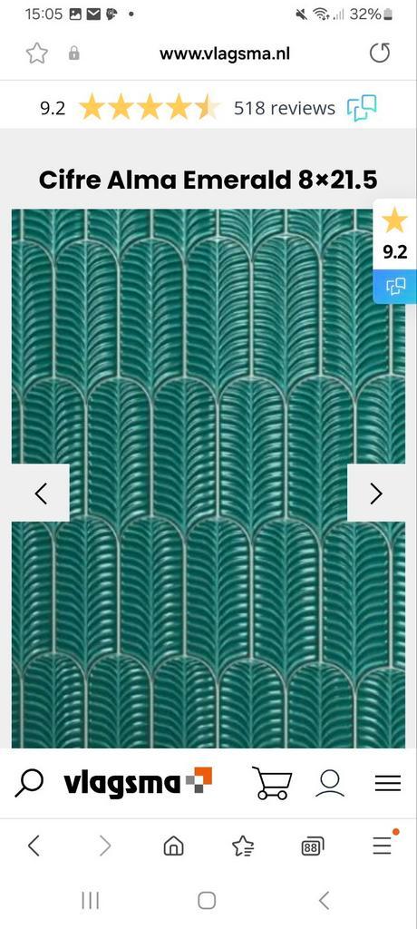 Cifra Alma Emerald bladvormige wandtegels 4 doosjes, Doe-het-zelf en Verbouw, Tegels, Nieuw, Wandtegels, Keramiek, Minder dan 20 cm