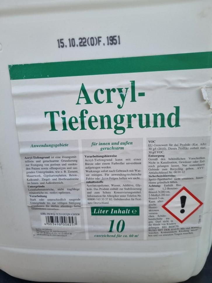 Acryl-Tiefengrund Voorstrijk - 10 Liter, Doe-het-zelf en Verbouw, Verf, Beits en Lak, Nieuw, Verf, 10 tot 15 liter, Wit, Ophalen