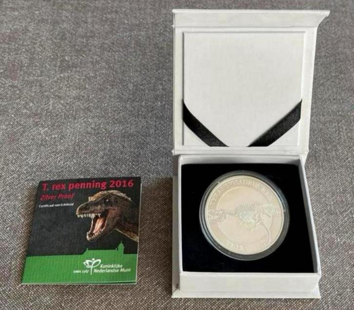 Nederland 2016 | T. Rex Penning Zilver | Glow in the Dark, Postzegels en Munten, Penningen en Medailles, Zilver, Nederland, Ophalen of Verzenden