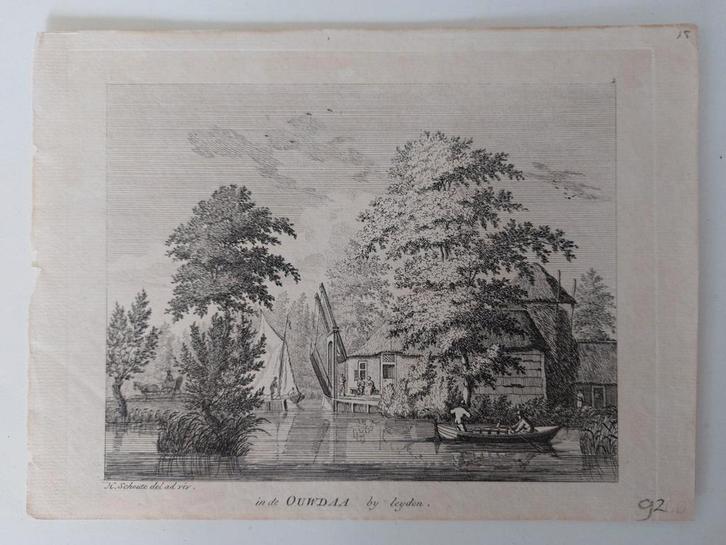 15 / In de Ouwdaa by leyden - In de Oude Ade bij Leiden, Antiek en Kunst, Kunst | Etsen en Gravures, Ophalen of Verzenden