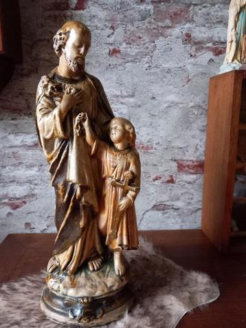 Antiek brocante heiligenbeeld Jozef en Jezus  €45 beschikbaar voor biedingen