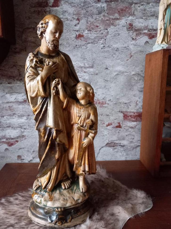 Antiek brocante heiligenbeeld Jozef en Jezus  €45, Antiek en Kunst, Antiek | Religie, Ophalen of Verzenden