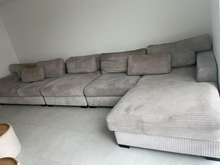 Ribstof bank met hocker - flexibel in te delen!, Huis en Inrichting, Banken | Bankstellen, Gebruikt, Hoekbank, Vierpersoons of meer