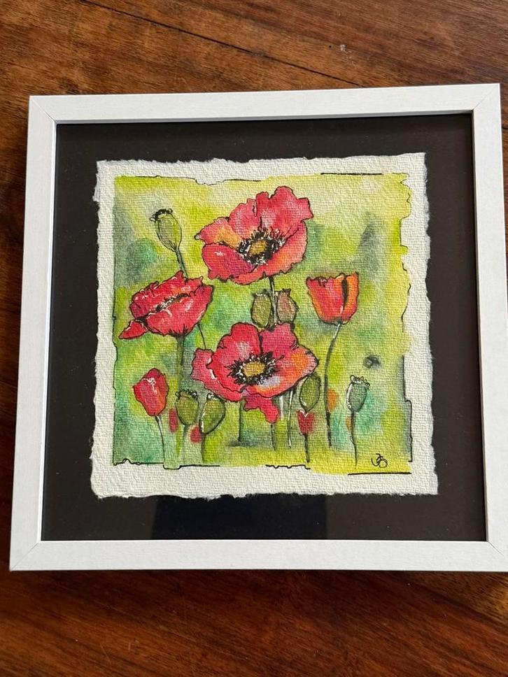 Klaprozen in witte lijst “Aquarel”, Antiek en Kunst, Kunst | Schilderijen | Modern, Ophalen of Verzenden