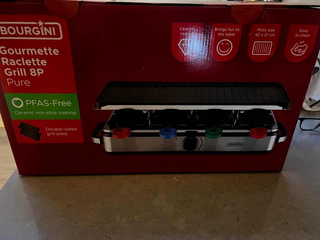 Bourgini Gourmett Raclette Grill 8P Pure - PFAS-vrij, Ophalen of Verzenden, Nieuw, 8 personen of meer
