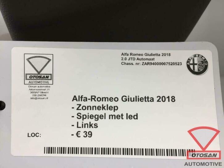 alfa romeo giulietta 2018 zonneklep spiegel met led links, Auto-onderdelen, Interieur en Bekleding, Gebruikt, Dpofca@stellantis.com