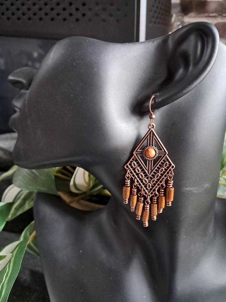 Indiase Koperen Oorbellen met Houten Kralen, Overige materialen, Hangers, Bruin, Nieuw